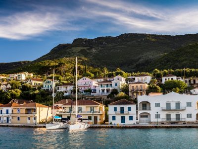 Vathy in Ithaca island, Greece, at sunset.